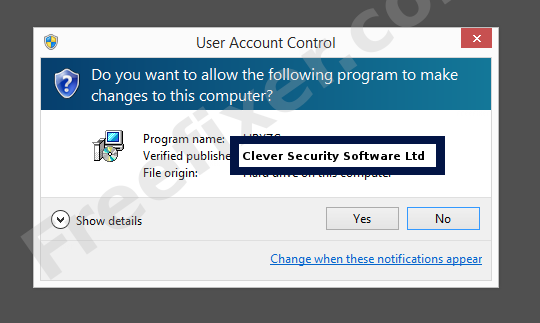 Screenshot where Clever Security Software Ltd appears as the verified publisher in the UAC dialog